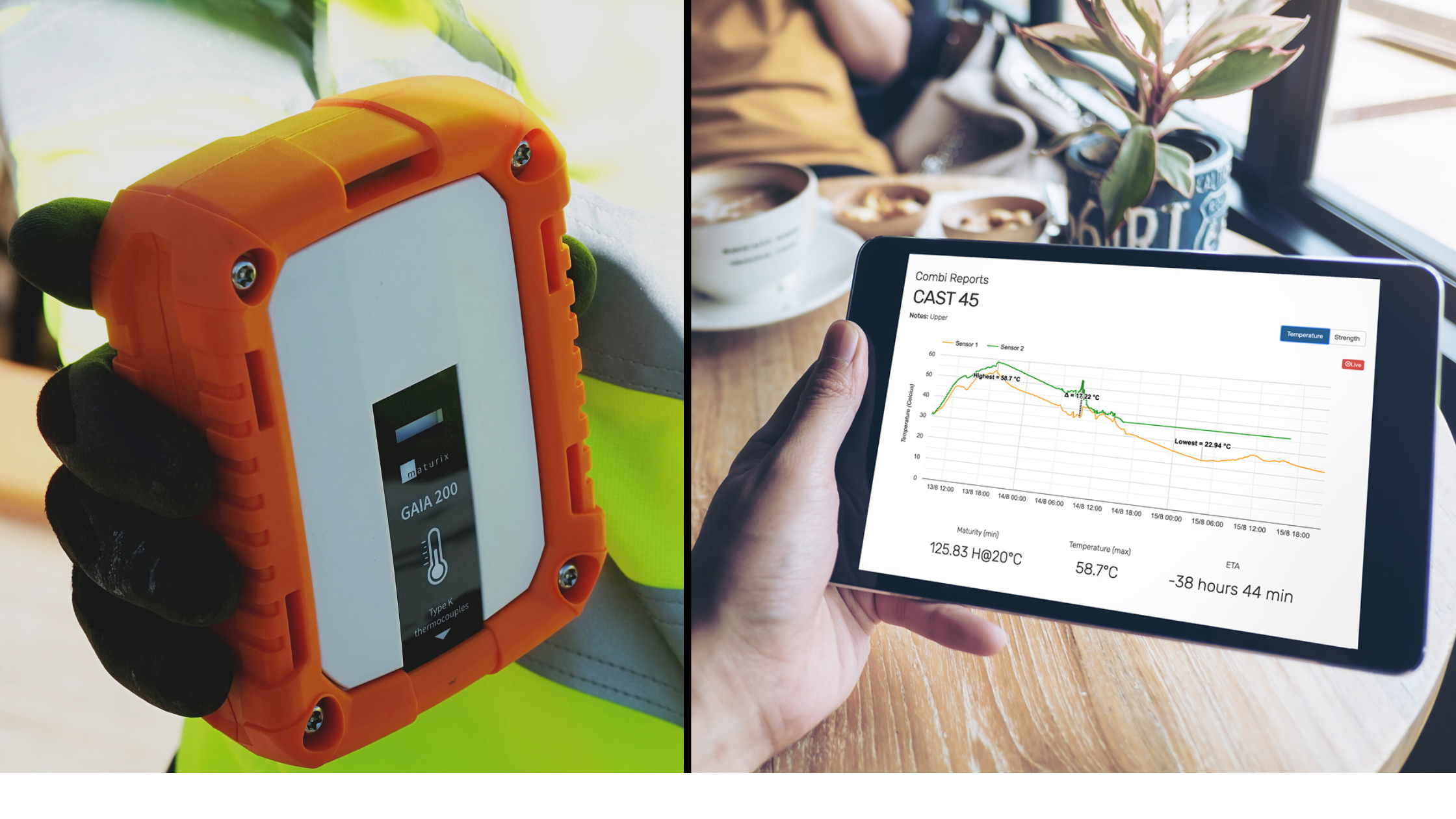 An image of a construction worker holding a Maturix Sensor is right next to a different image with a person's hand holding a tablet that is showing the data from the sensor in a coffee shop.